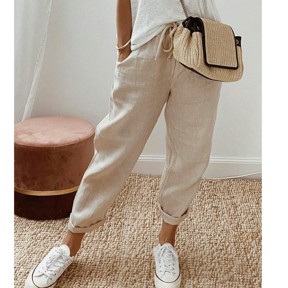 Classic Tan Linen Cropped Jogger Pants